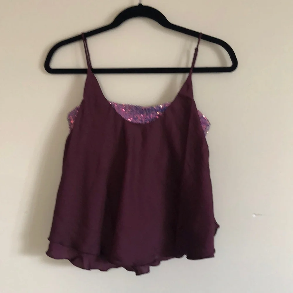 Free People Turn It On Cami Plum Satin Layered Sequin Tank Top Size S